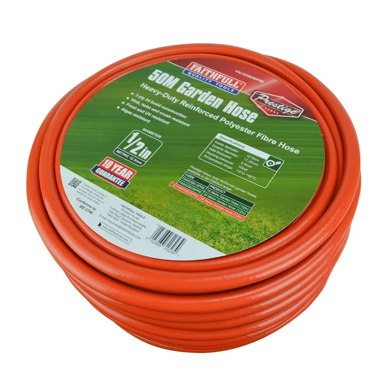 Faithfull Prestige Garden Hose - Heavy-Duty Reinforced PVC, 50 Metre (164ft) 12.5mm (1/2in) Diameter, High-Quality 24 Braid Fibre Mesh, Kink & Twist Resistant Hose Pipe