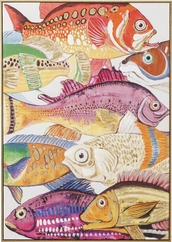 Kare Design Picture Touched Fish Meeting One, Multicoloured, Animal Motive, Hand Painted Details, Framed Artwork for Living Room, Childrens Room, Hallway, Bedroom, 100x75x4 cm (H/W/D)