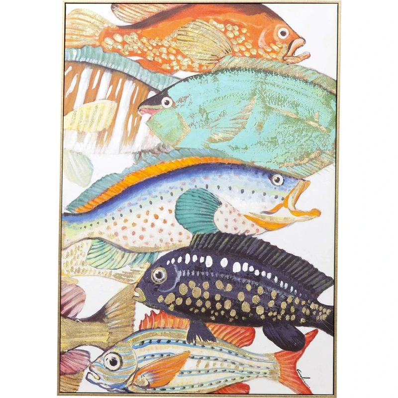 Kare Design Framed Picture Touched Fish Meeting Two, Canvas Wall Art, Acrylic Paint, Handpainted Details, Wooden Frame, Room Decor, Home Decor for Living Room, Hallway, Bedroom, 75x100 cm