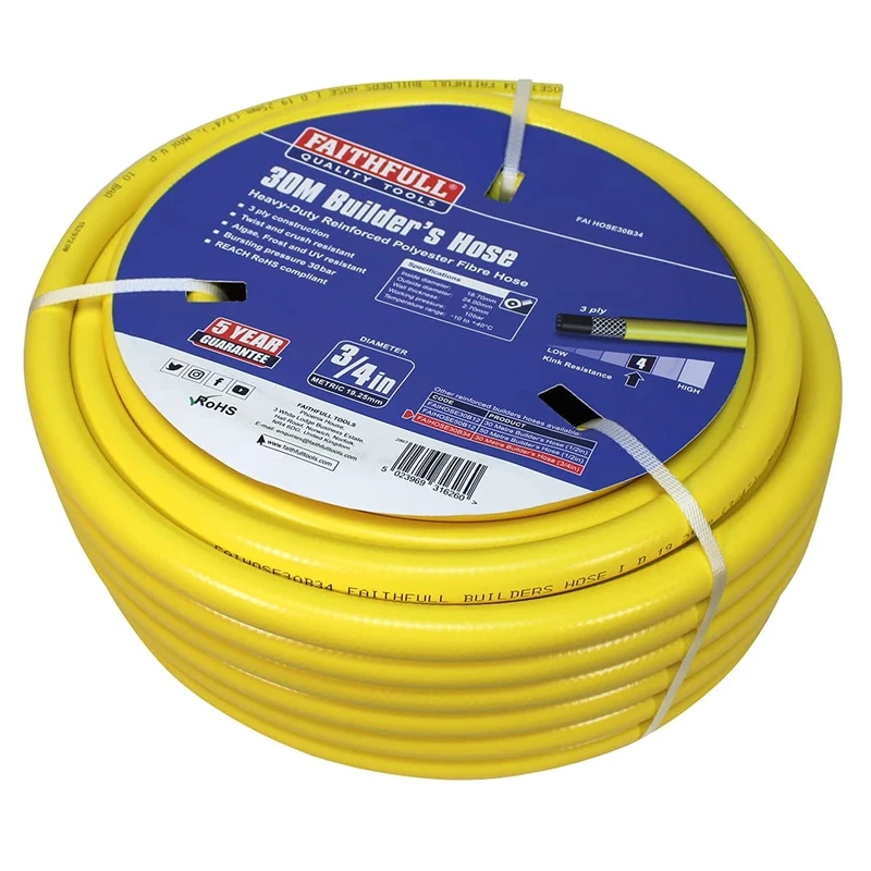 Faithfull Heavy-Duty Reinforced PVC Builders Hose 30M (98ft) 19mm (3/4in) Diameter – 24 Braid Fibre Mesh, Kink & Twist Resistant Hose Pipe