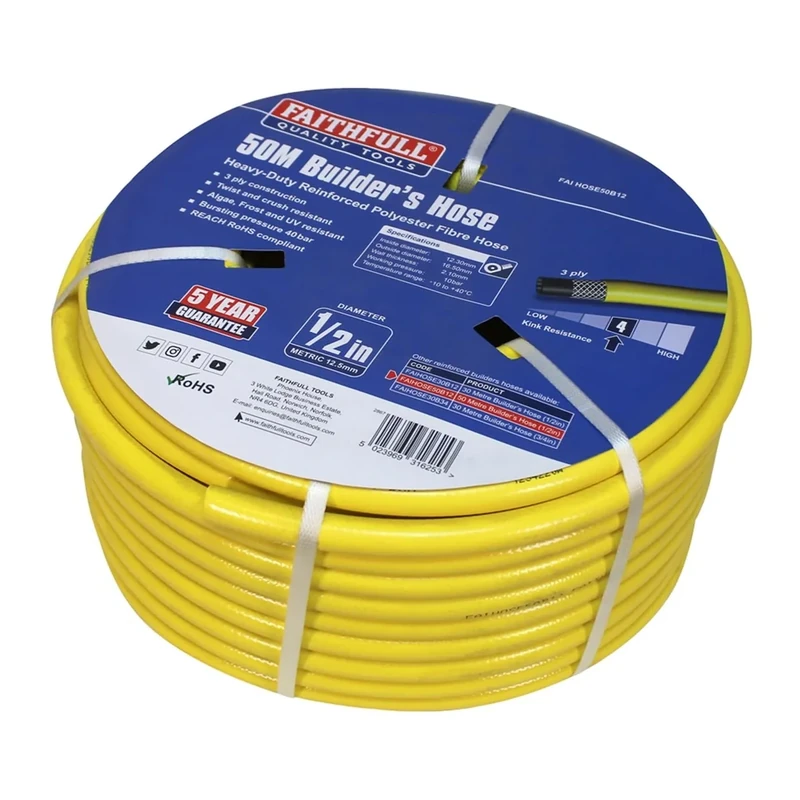 Faithfull Heavy-Duty Reinforced PVC Builders Hose 50M (164ft) 12.5mm (1/2in) Diameter – 24 Braid Fibre Mesh, Kink & Twist Resistant Hose Pipe