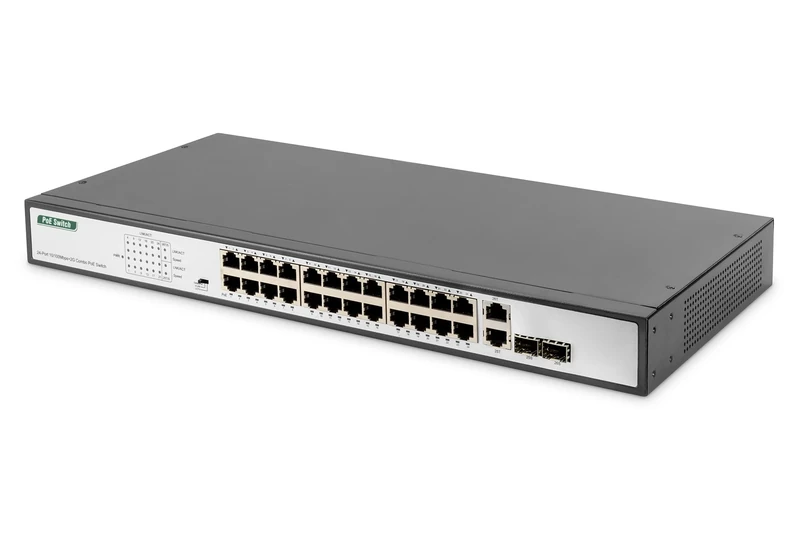 DIGITUS Fast Ethernet PoE+ Network Switch - 19 inch - 24 Ports + 2x Uplink SFP/RJ45 - IEEE802.3af/at - 370W Power Budget - Black