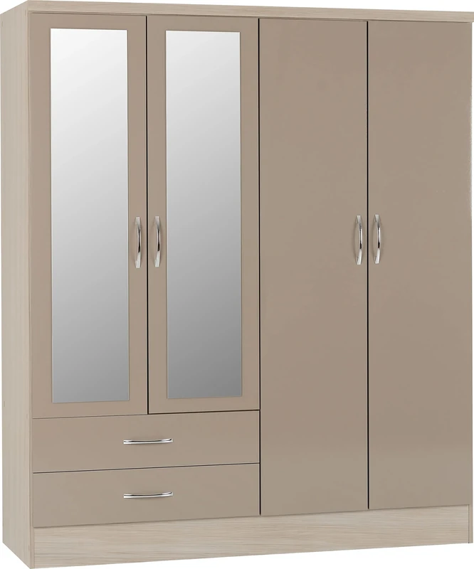 Seconique Nevada 4 Door 2 Drawer Wardrobe in Oyster Gloss/Light Oak Effect Veneer