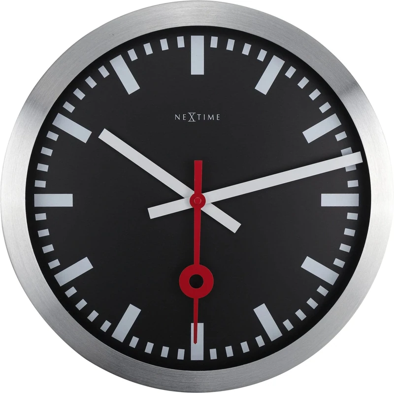 NexTime Wall Clock-Diameter 35 cm – Aluminum-Black – 'Station Stripe, 33 x 0.02 cm