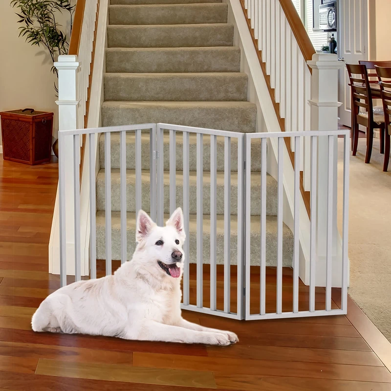 Petmaker Pet Gate - 3-Panel Indoor Foldable Dog Fence for Stairs, Hallways, or Doorways - 54x32-Inch Wood Freestanding Dog Gates (White)