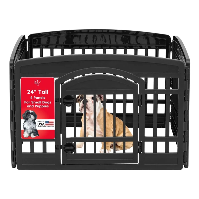 IRIS USA 24" Exercise 4-Panel Pet Playpen with Door, Dog Playpen For Puppy Small Dogs Keep Pets Secure Easy Assemble Easy Storing Customizable Non-Skid Rubber Feet, Black