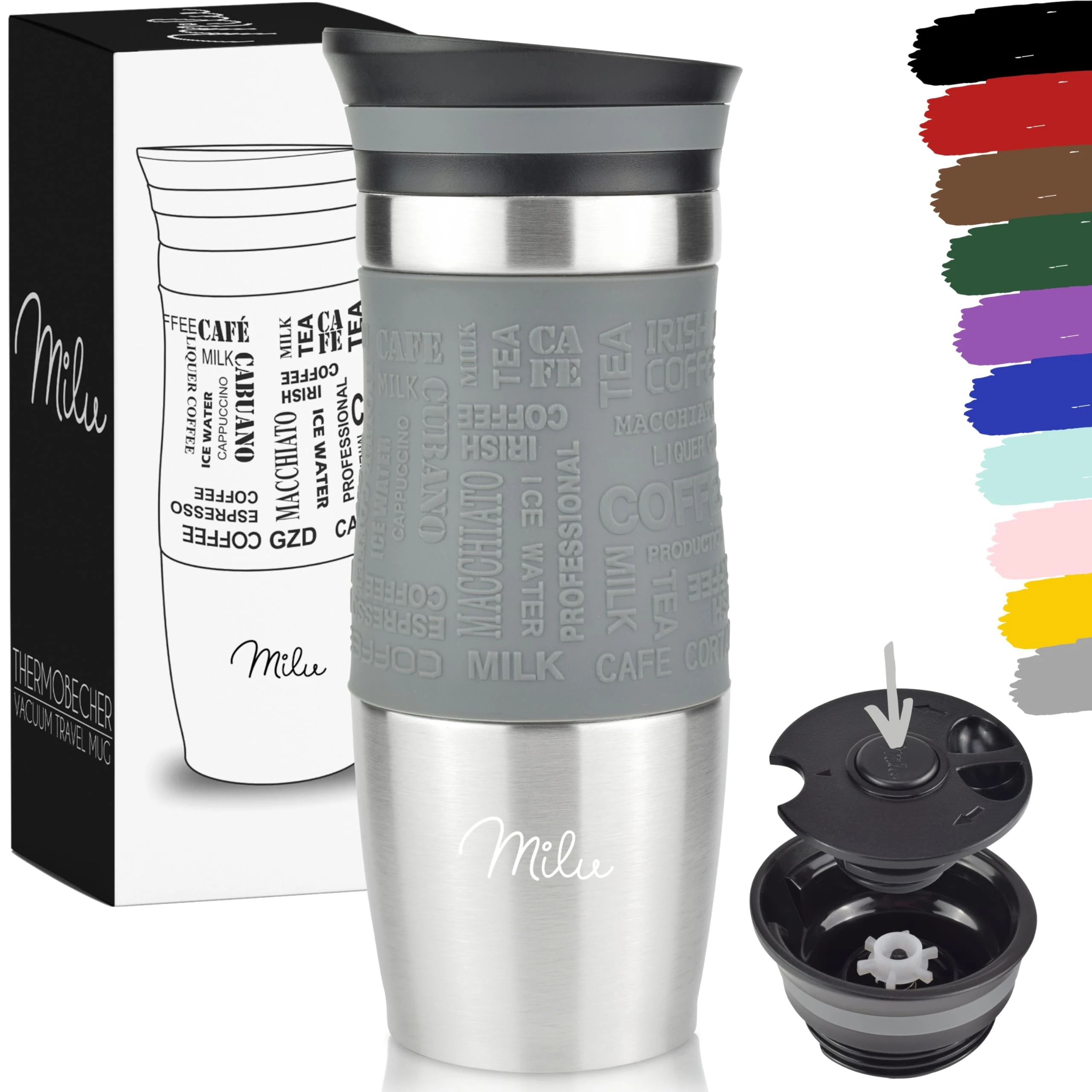 Milu Travel Mug 370ml 450ml - Insulated Coffee Cup to go - 100% Leak Proof - Stainless Steel Drinking Mug - Car Mug Double Wall Insulation Thermo Coffee Flask (Grey, 370ml)