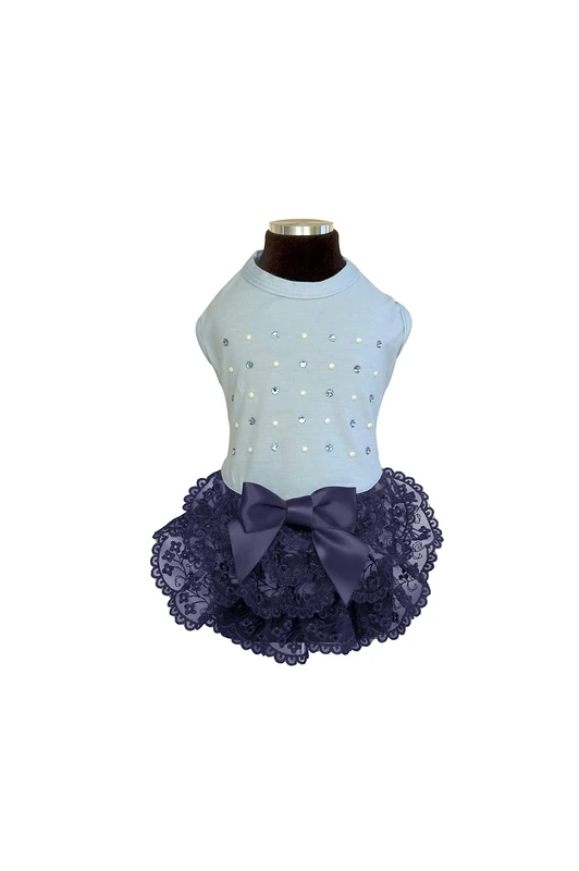 Trilly All Brilli Elvira Jersey Dress with Lace Frilles, Swarovski Stones and Pearls, Light Blue, XS