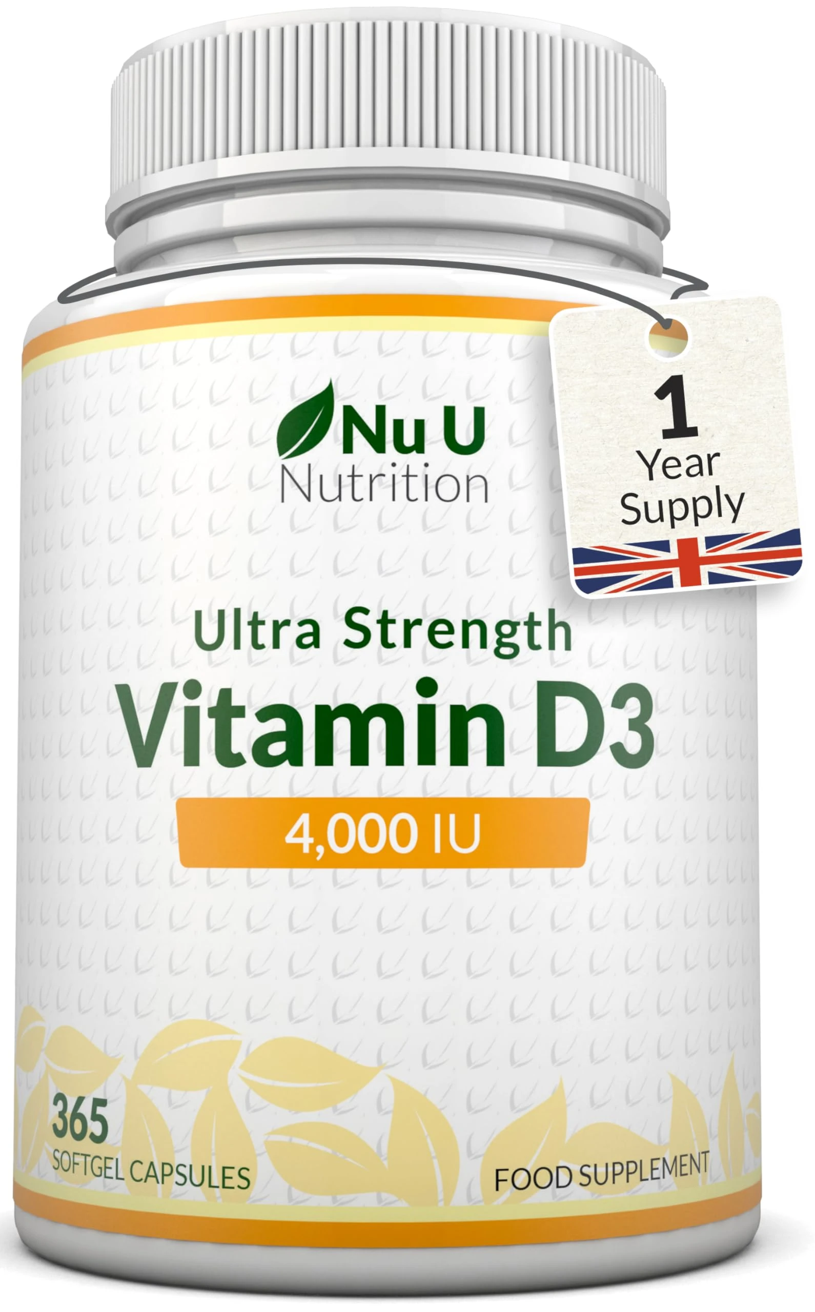 Nu U Nutrition - Vitamin D 4000IU - 365 Softgel Capsules not Tablets - 1 Year Supply - Quadruple Strength - Easy to Swallow - Vitamin D3 Supplement - Made in The UK