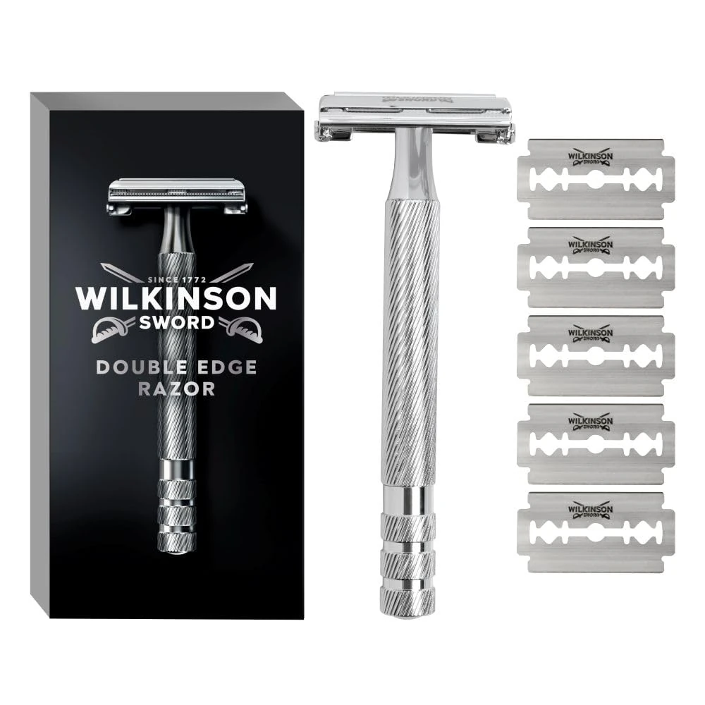 Wilkinson Sword Double Edge Razor For Men, Barber's Style Wet Shavers for a Close and Comfortable Shave, 1 Double-Sided Razor Handle plus 5 Blades Refills Pack