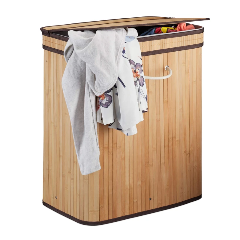 Relaxdays Lidded Laundry Hamper, 2 Compartments, Partitioned Bag, Ventilated, 72 Litres, Bamboo Basket, Natural