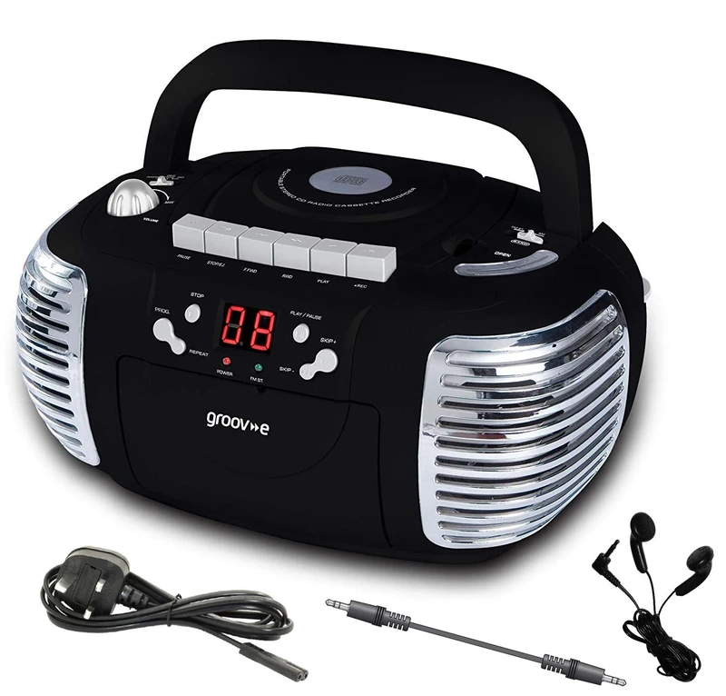 Portable Retro Boombox CD Player, Cassette Tape RECORDER, FM Radio, AUX IN (Play music from MP3 players, Smart Phones, Tablets, etc) Inc: Earphones, 3.5mm Jack Lead & UK Power Lead (Black)
