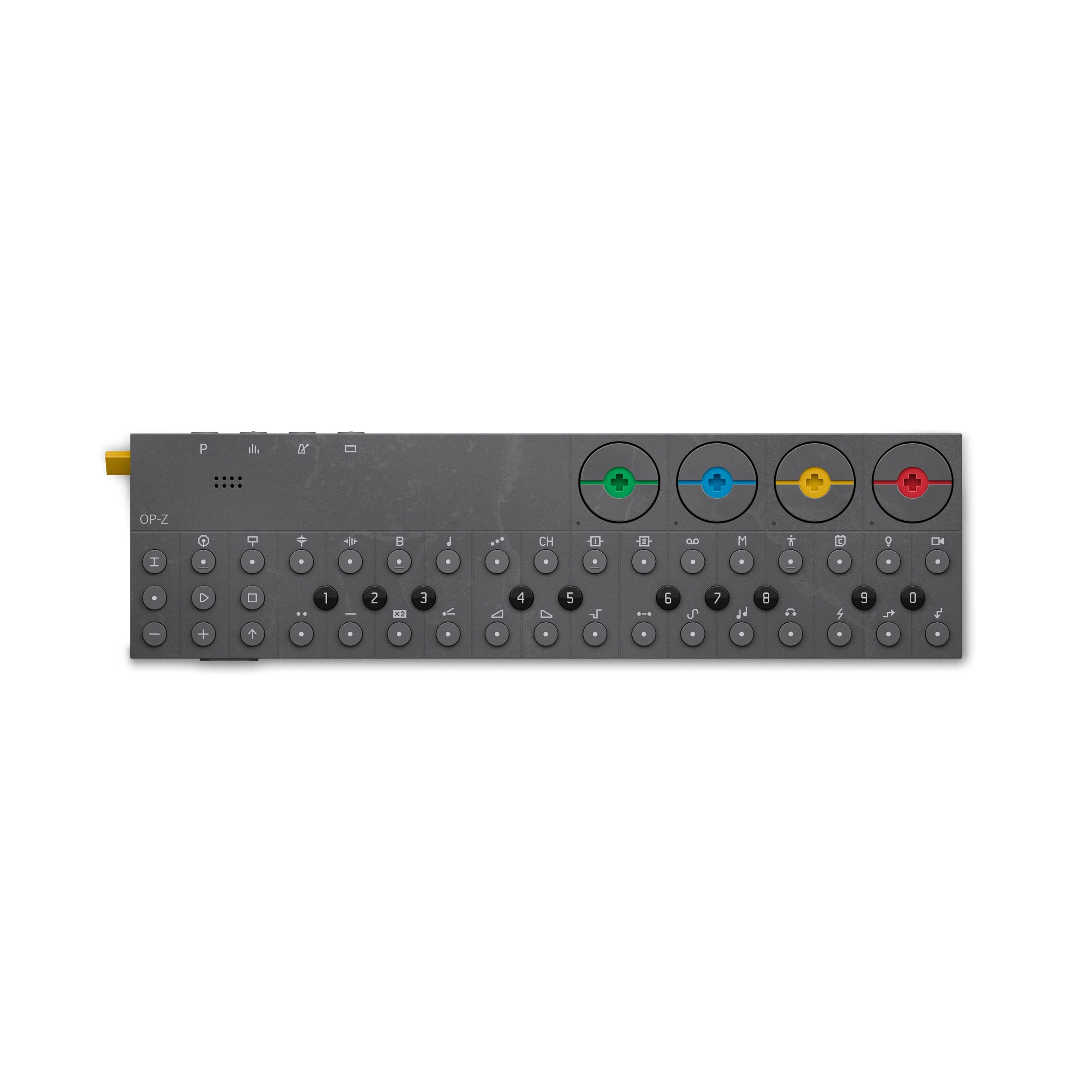 teenage engineering OP–Z portable sequencer, synthesizer, drum machine and visual controller with built-in microphone for sampling, effects and midi, iOS compatible and battery powered