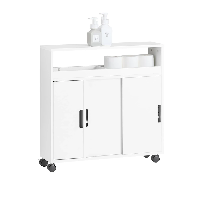 SoBuy® New Version Bathroom Toilet Paper Roll Holder, Bathroom Storage Cabinet Cupboard on Wheels, BZR02-W - Image 1