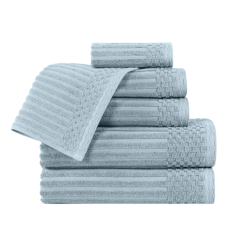 Superior Cotton 6-Piece Solid and Ribbed Towel Set, Face Towels 13” x 13”, Hand Towels 16” x 28”, Bath Towels 27” x 54”, Slate Blue