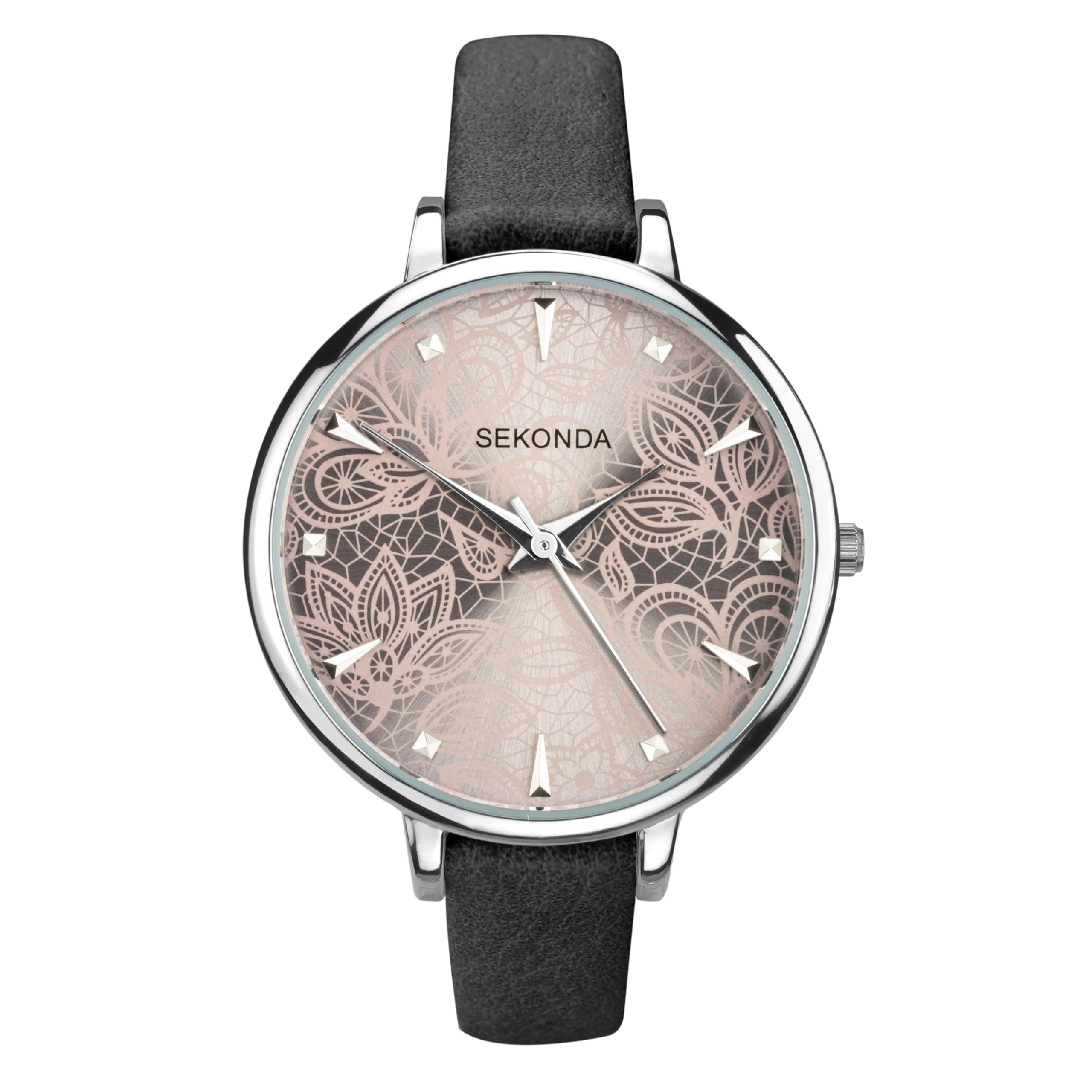 Sekonda Editions 37mm Ladies Silver Case Watch Grey Lace Patterned Dial Three Hand Analogue Quartz with PU strap
