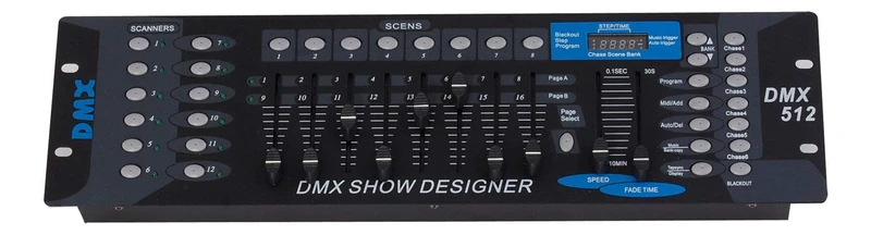 Redshow DMX-10 - DMX controls up to 12 lighting effects with up to 16 channels for each lighting effect, 30 banks in 8 programmable scenes, 8 faders for manual channel control
