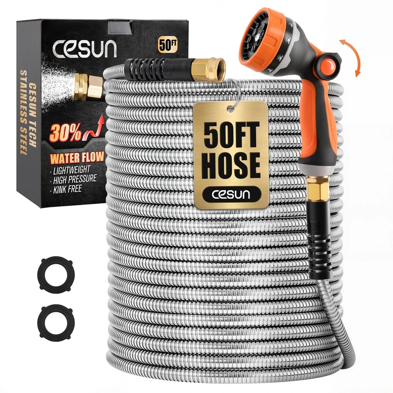Cesun Ultra-Durable 50ft Metal Garden Hose - 304 Stainless Steel, Flexible & Kink-Free, UV Resistant, All-Weather, Includes High-Pressure Brass Nozzle - Ideal for Home & Outdoor Use