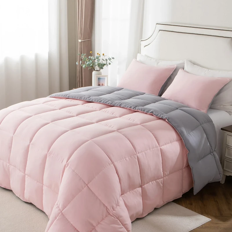 KASENTEX All Season Down Alternative Quilted Comforter Set with Sham(s) - Reversible Ultra Soft Duvet Insert Hypoallergenic Machine Washable, Queen, Pink Potpourri/Quartz Silver