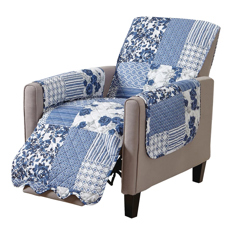 Great Bay Home Patchwork Scalloped Printed Furniture Protector. Stain Resistant Recliner Cover. (Recliner, Navy)