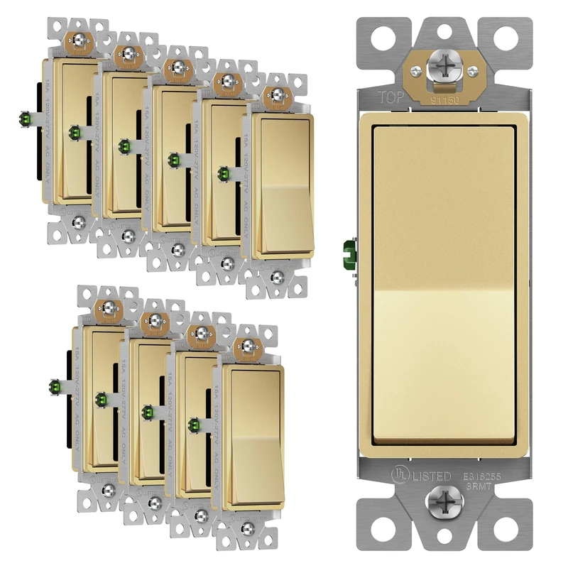 Enerlites Light Switch On/Off Paddle Wall Switch 91150-GD | 15 Amp, 120V/277V, AC, Single Pole, 3 Wire, Grounding Screw, Residential Graded Light Switch, UL Listed, Gold