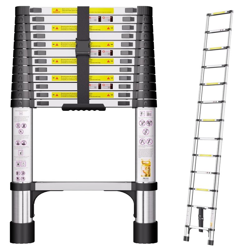 Telescopic Ladder, 3.8M Stainless Steel Loft Ladder with Non-Slip Feet and Triangle Support, Portable Ladders Extendable Thickened High-Strength, Ladders for Roof Attic Caravans