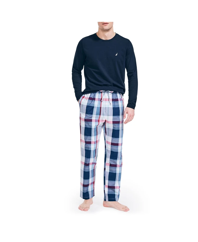 Nautica Men's Soft Woven 100% Cotton Elastic Waistband Sleep Pajama Pant Bottoms, Red/Blue, S