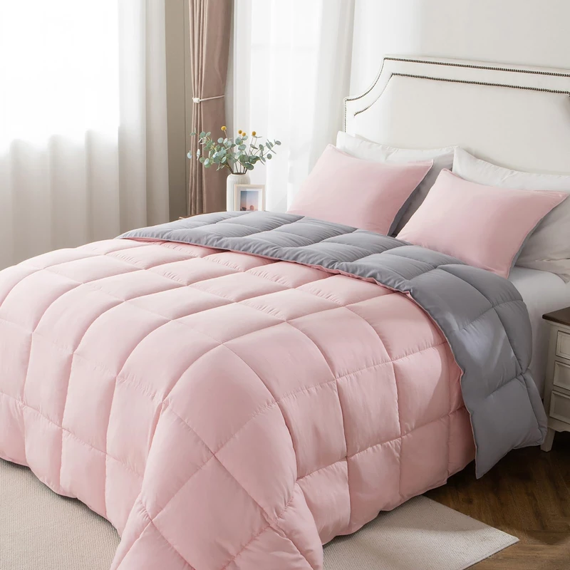 KASENTEX Reversible No-Shrink Twin/Twin XL Comforter Set with Sham - Down Alternative Duvet Insert with Corner Ties, Lightweight, Ultra Soft, Machine Washable, All-Season (Pink and Grey Silver)
