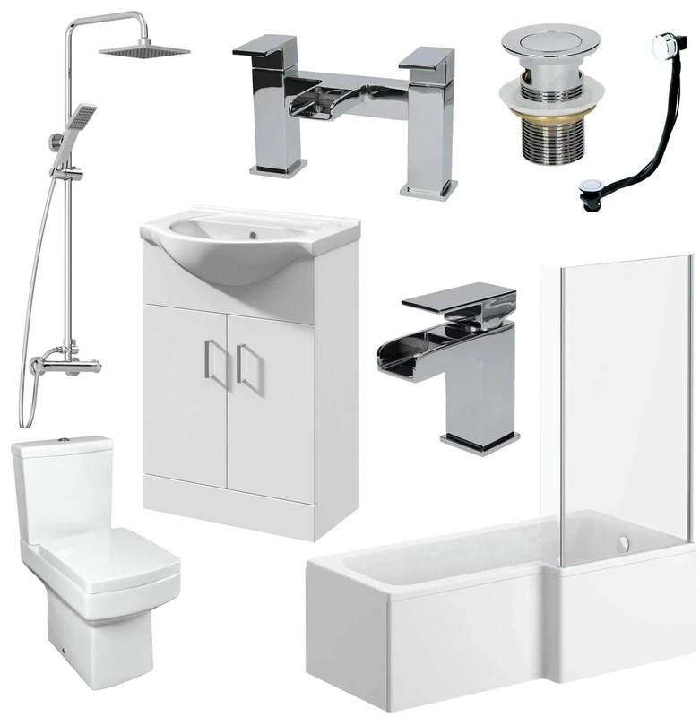 Affine Complete Bathroom Suite Right Hand L Shaped Shower Bath 550mm Basin Vanity Unit 2 Door Close Coupled Toilet Shower Tap Set