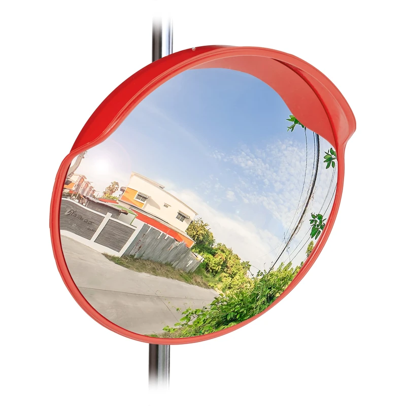 Relaxdays 10023700 Traffic Safety Mirror, 60 cm, Weatherproof, Unbreakable with Mount, Wide Angle Mirror for In- & Outdoors, Red