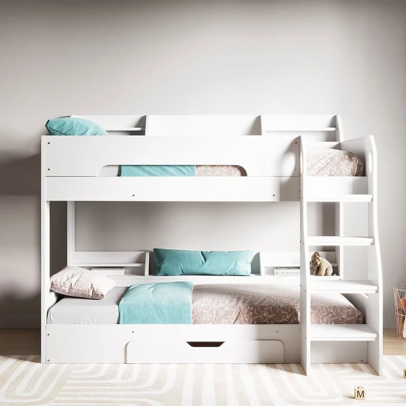 Flair Furnishings - Double Bunk Beds, Wooden Bunk Beds for Kids with Shelves and Drawer, Heavy Duty and Sturdy, Cosy, Stylish, Space Saving Design (Grey & White)
