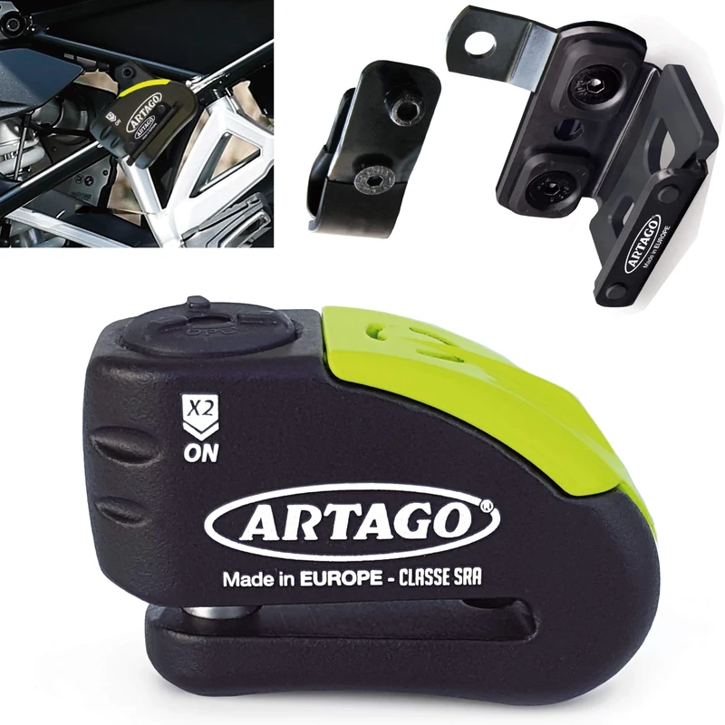 Artago 30X1 Pack Anti-Theft Disc Lock with Alarm 120db High Security + Bracket for BMW (R1250GS, R1200GS, F850GS, F750GS, F700GS, G310GS, F900XR), SRA Approved and Sold Secure Gold, Black/Yellow