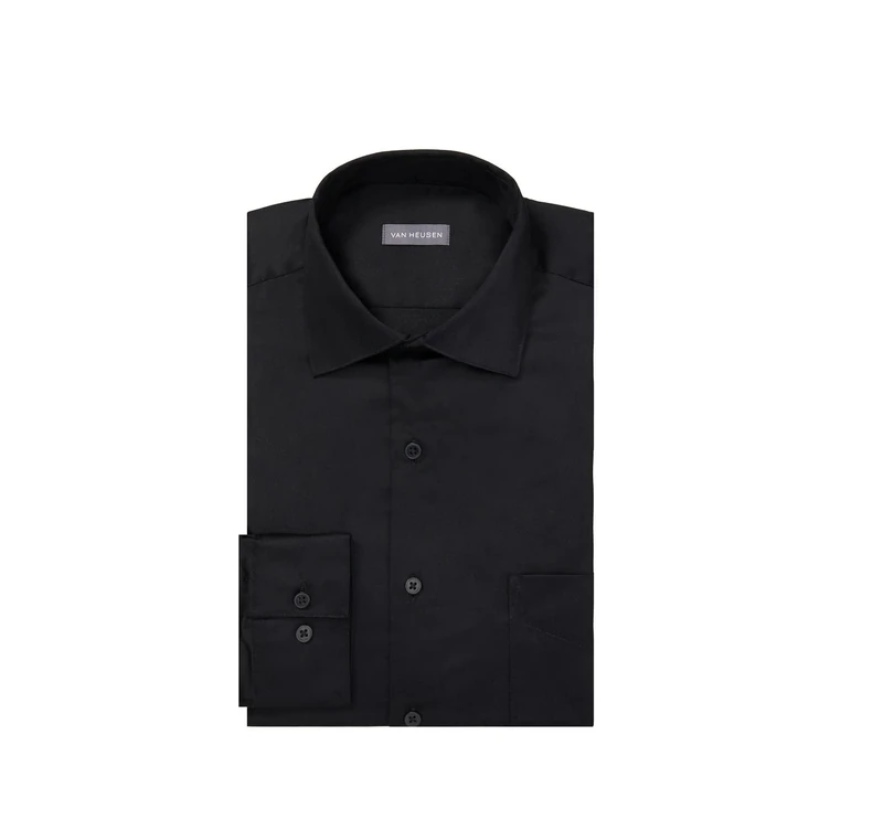 Van Heusen Men's Dress Shirts Regular Fit Lux Sateen Stretch Solid, Black, 15" Neck 34"-35" Sleeve