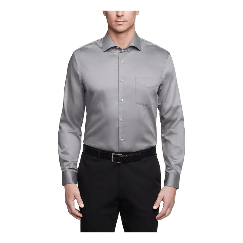 Van Heusen Men's Dress Shirts Regular Fit Lux Sateen Stretch Solid, Grey, 14.5" Neck 32"-33" Sleeve