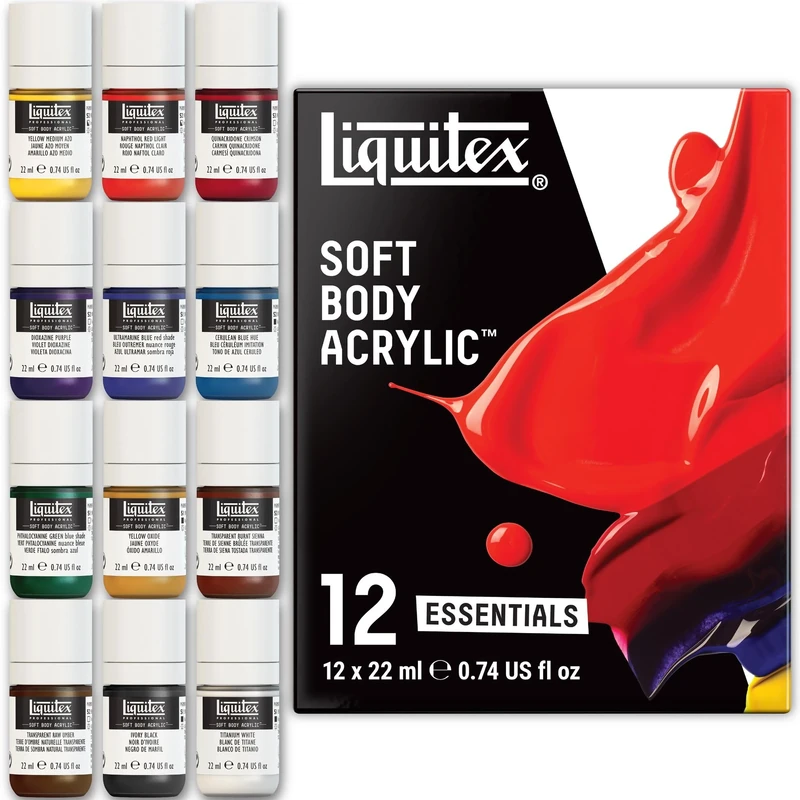 Liquitex Essentials 3699321 Professional Soft Body Acrylic Paint Pigments, High Colour Brilliance, Lightfast, Opaque, Waterproof and Environmentally Friendly, Acrylic Set 12 Colours