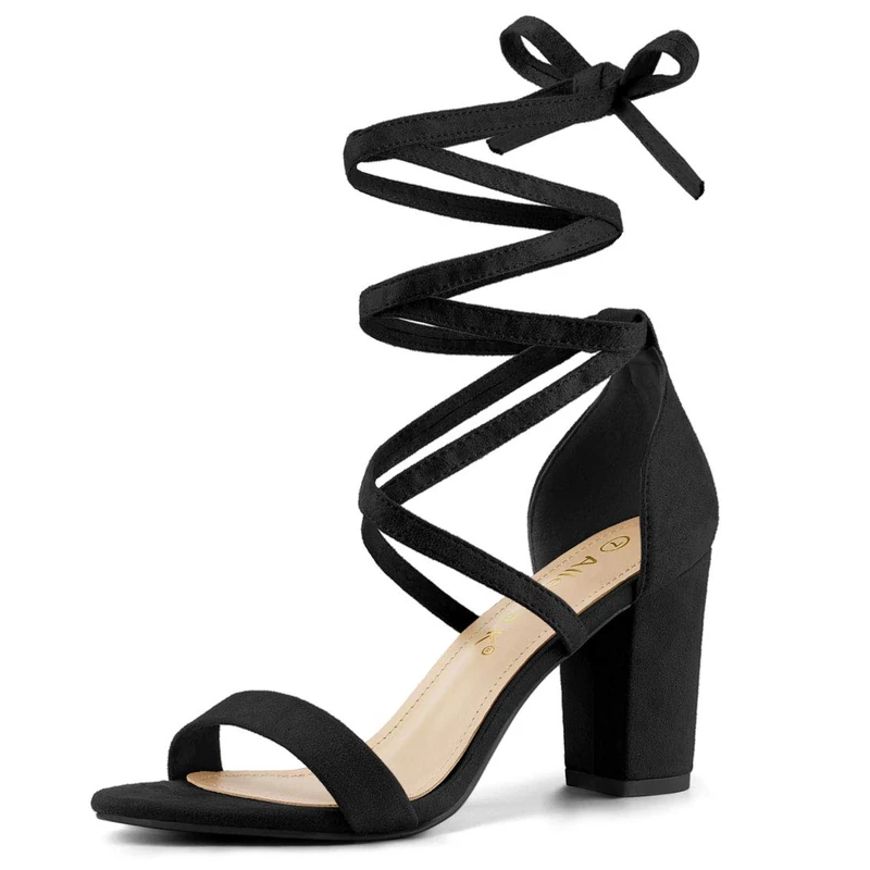 Allegra K Women's One Strap Block Heel Lace Up Sandals Black 4.5 UK/Label Size 6.5 US