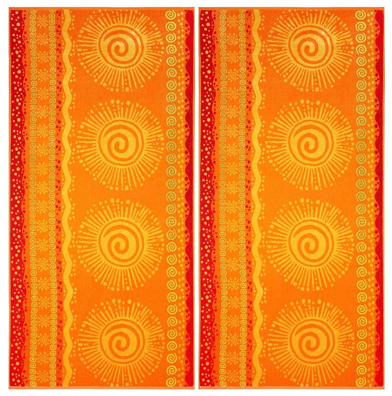 COTTON CRAFT - 2 Pack- Jacquard Double Woven Velour Beach Towel 39x68 Inches-Sunshine Orange Yellow-Thick Plush Luxurious Velour Pile-450 GSM-100% Pure Ringspun Cotton-Brilliant Vibrant Colors
