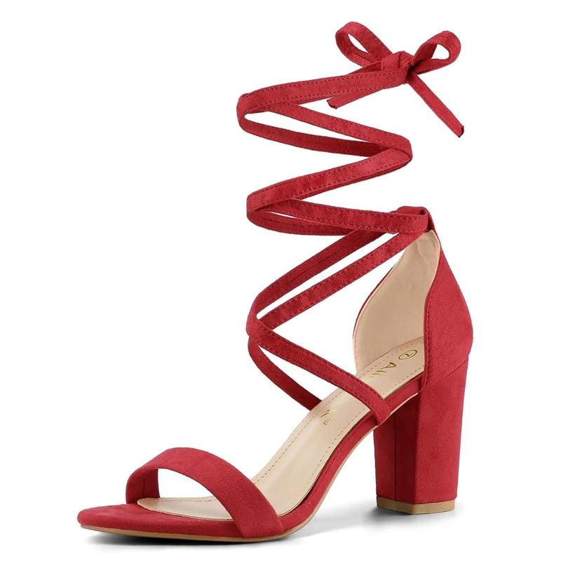 Allegra K Women's One Strap Block Heel Lace Up Sandals Red 4.5 UK/Label Size 6.5 US