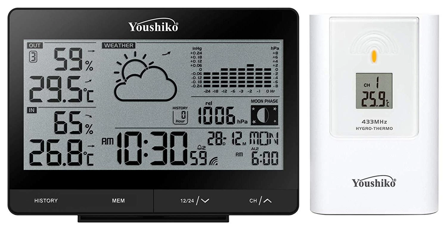Youshiko Wireless Weather Station, (Official 2025 UK Version/Premium Quality/Clear Display) with Radio Controlled Clock Indoor Outdoor Temperature Thermometer, Humidity Barometric pressure
