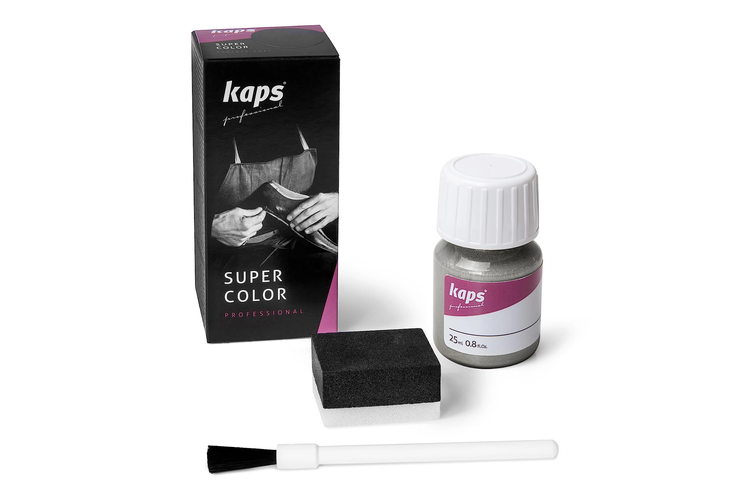 Kaps Super Color, Dye for Natural, Faux Leather and Fabric, Dye for Shoes, Boots and Bags with Sponge and Brush (402 - Antic Silver)
