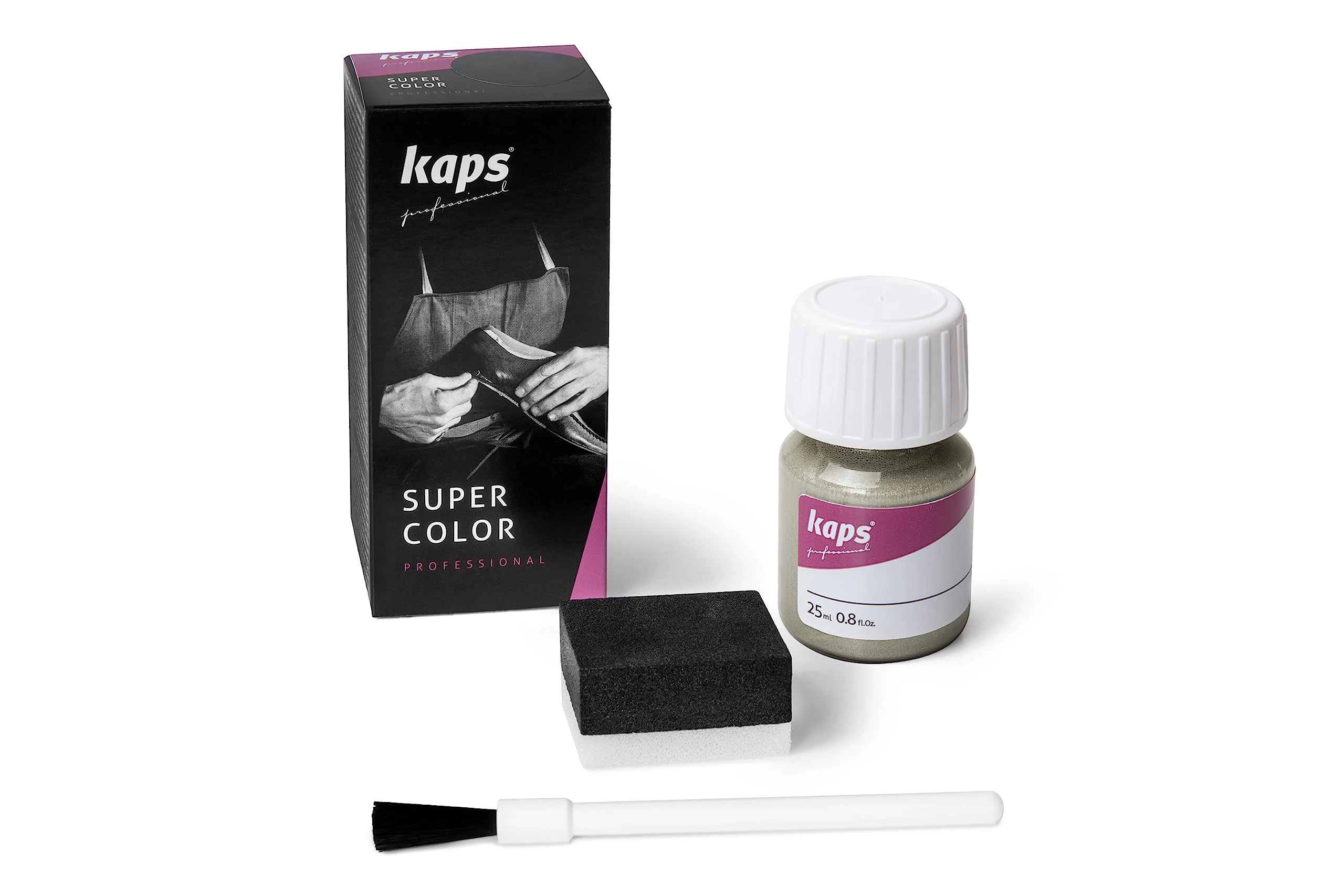 Kaps Super Color, Dye for Natural, Faux Leather and Fabric, Dye for Shoes, Boots and Bags with Sponge and Brush (404 - Platinum)