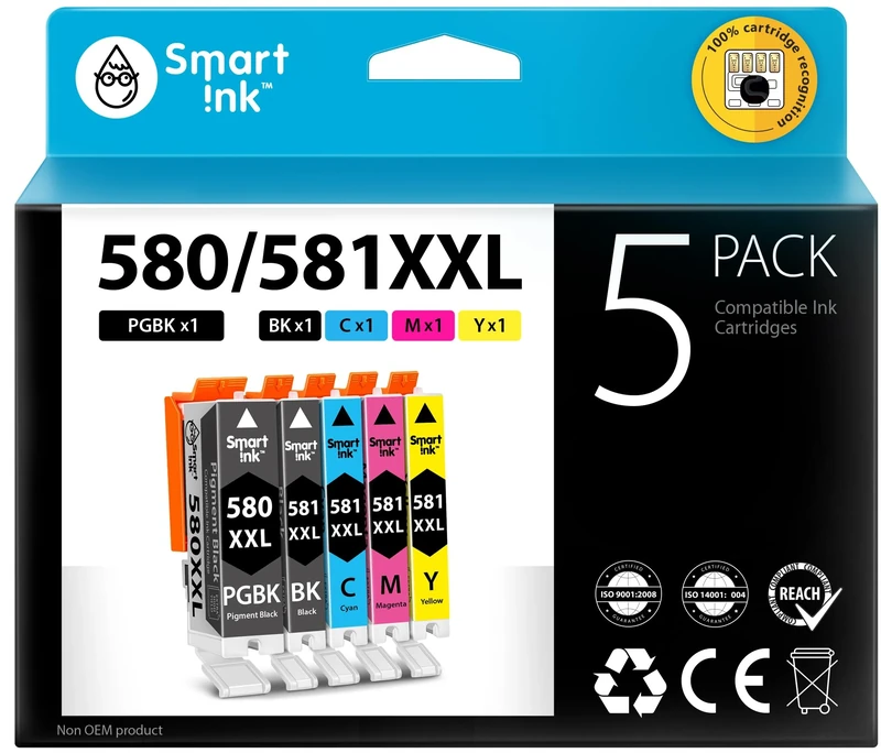 Smart Ink Compatible Ink Cartridge Replacement for Canon PGI 580 XXL CLI 581 High Yield 5 Pack Combo to use with Canon Pixma TS705 TS6151 TS6251 TS9550 TS9551C TR7550 TS6150 (PGBK & B/C/M/Y)