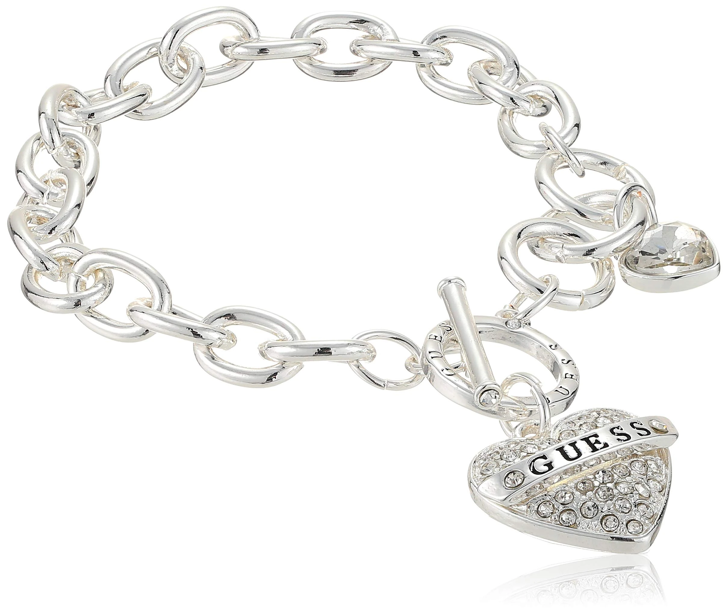 GUESS Women's Silvertone Chain Toggle Dangle Heart Charm Bracelet, One Size, Glass