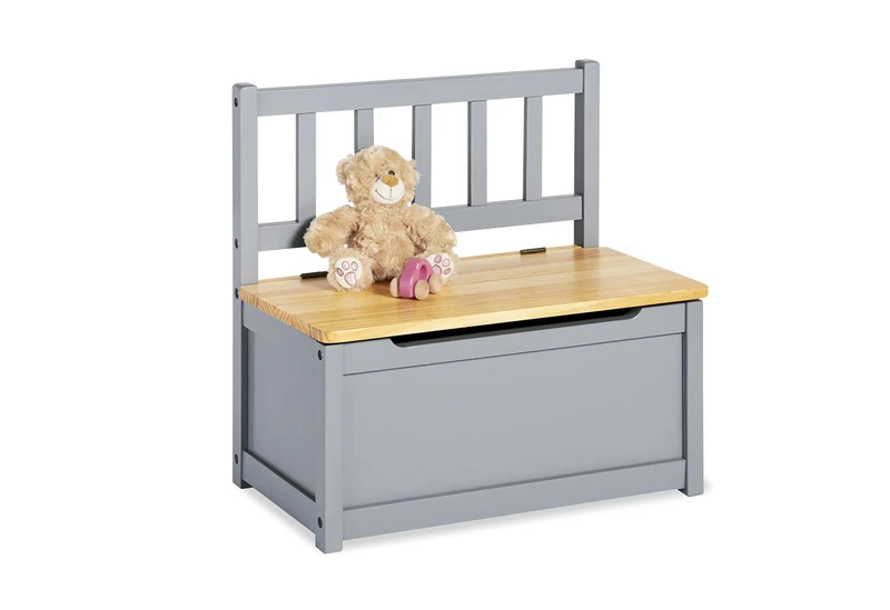 Pinolino Fenna Children's Chest Bench Solid Pine Wood with Flap Damper Seat Height 29 cm for Children from 2 Years Grey and Clear Varnished