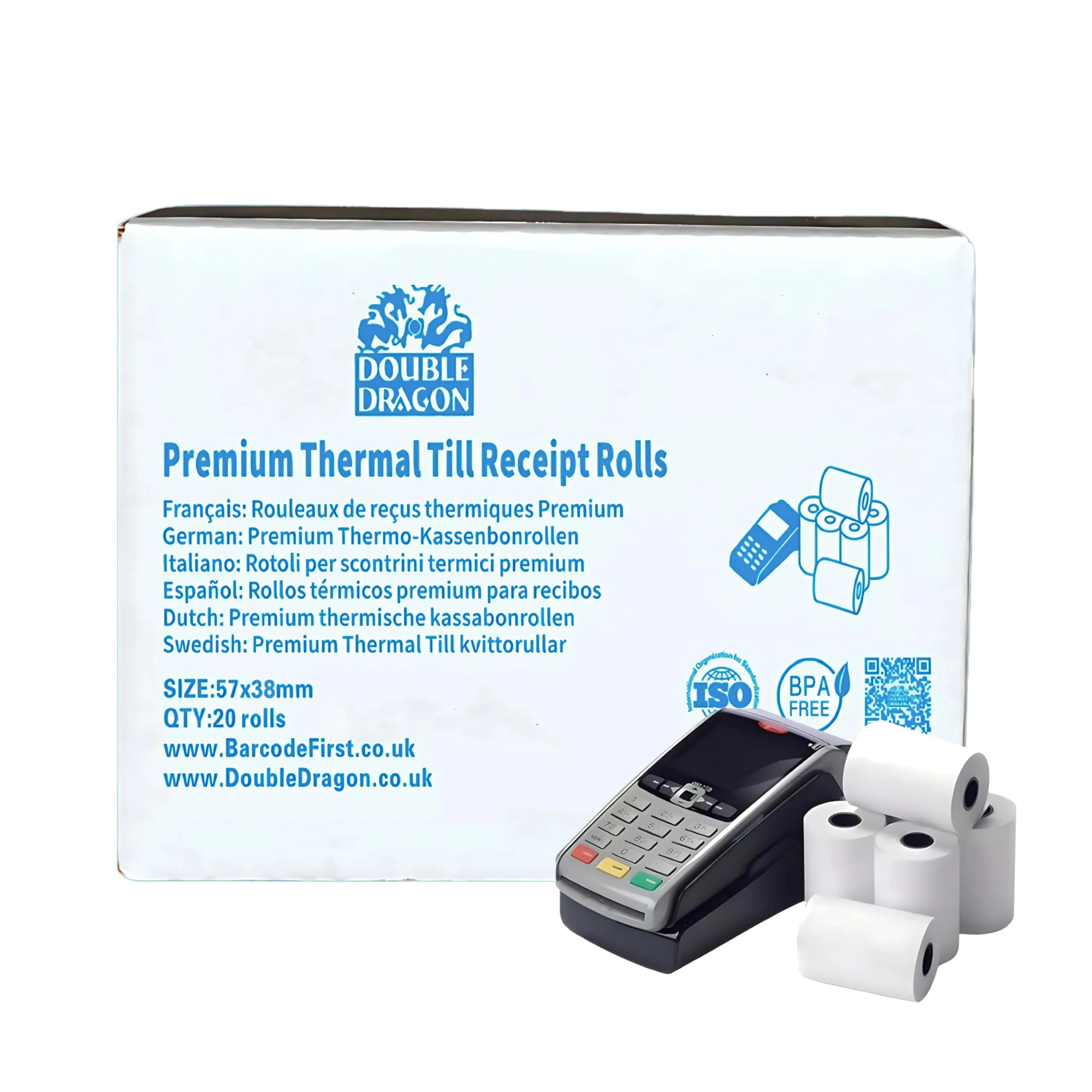 Double Dragon 57mm x 38mm Ingenico Thermal PDQ Receipt Paper Rolls | Eco-Friendly, Affordable, BPA-Free | Compatible with Verifone, Spire, Pax Credit Card Machines (Pack of 20)