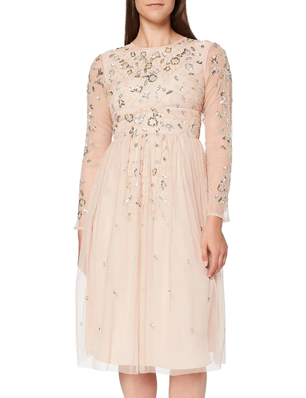 Frock and Frill Women's Gala Long Sleeve Embellished Midi Party Dress, Orange (Bisque Peach), (Size:UK 10)