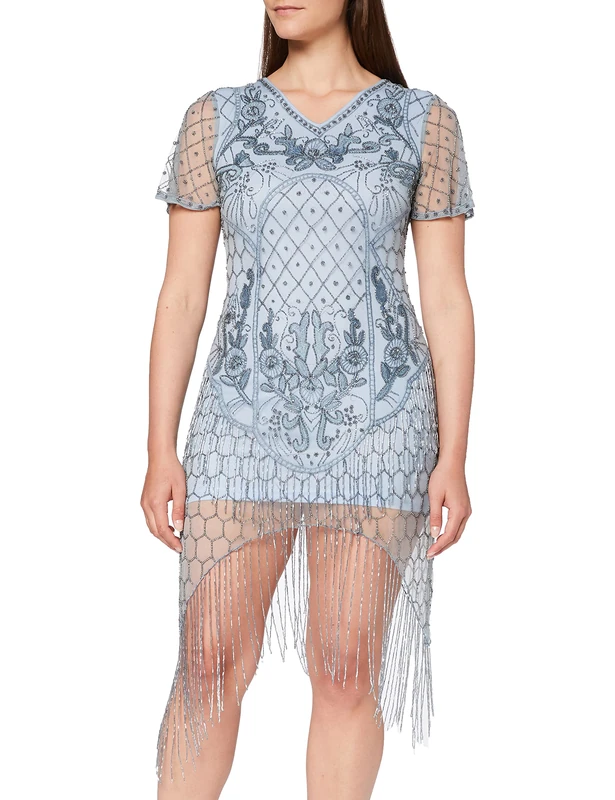 Frock and Frill Women's Fantasia Flapper Style Embellished Cap Sleeve Dress Party, Grey (Alloy Grey #D3d3d3), (Size:UK 12)