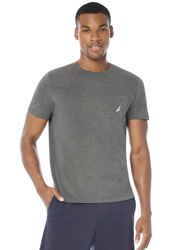 Nautica Men's Solid Crew Neck Short-Sleeve Pocket T-Shirt, Charcoal Heather, 2X Tall