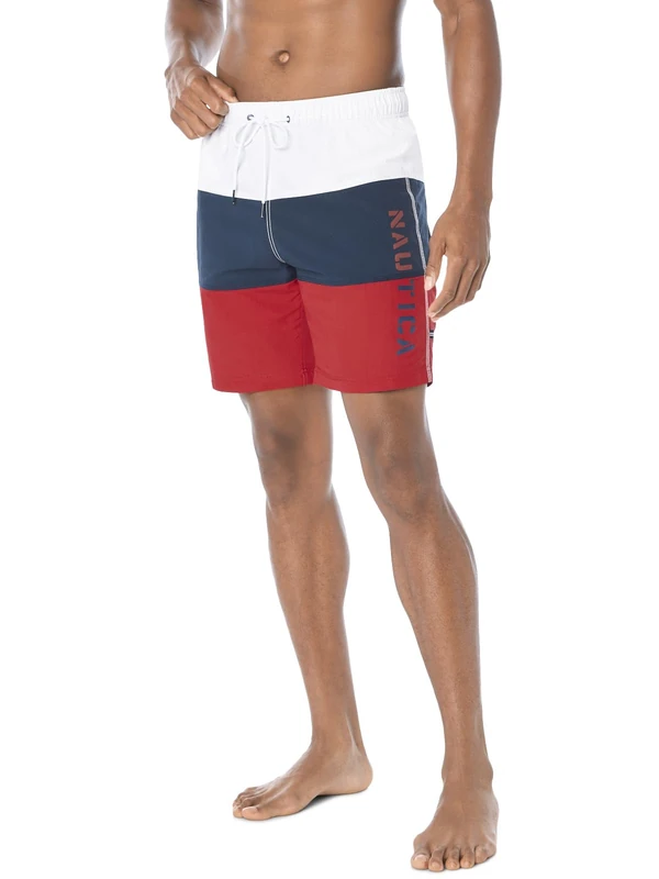 Nautica Men's Quick Dry Classic Logo Tri-block Series Swim Trunks, Nautica Red, L UK