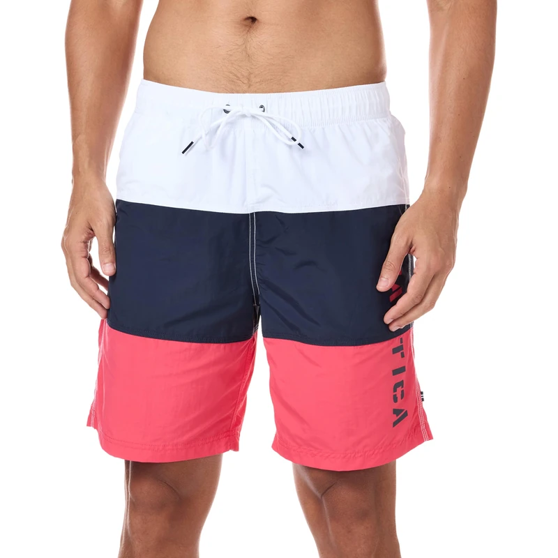 Nautica Men's Quick Dry Classic Logo Tri-Block Series Swim Trunk, Melon Berry, Large